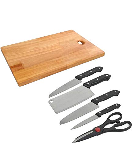Product Cover DOWKART Wooden Chopping Board with Knife Set and Scissor, 4 Piece Stainless Steel Kitchen Knife Knives+1 Scissor Set with Knife Scissor (Chopping Board)