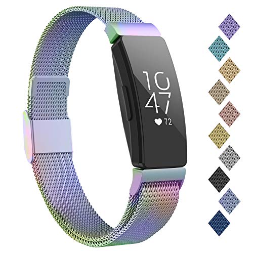 Product Cover POY Compatible with Fitbit Inspire Hr Bands, Stainless Steel Replacement for Fitbit Inspire and Ace 2 Metal Loop Bracelet Sweatproof Wristbands for Women Men Rainbow Small
