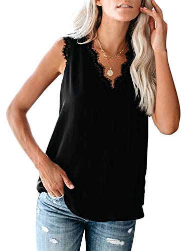 Product Cover BLENCOT Women's Juniors Cute Lace V Neck Shirts Sleeveless Tops Basic Solid Fashion Tank Tops Blouses Black M