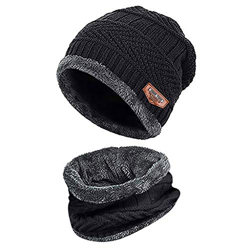 Product Cover CUCUHAM Men Warm Beanie Winter Thicken Hat and Scarf Two-Piece Knit Windproof Cap Black