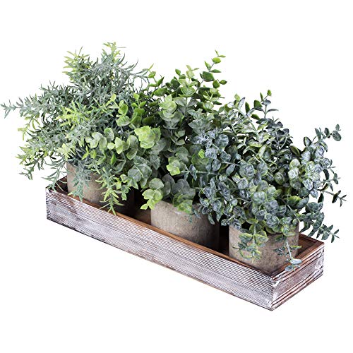 Product Cover Set of 3 Mini Potted Artificial Eucalyptus Plants Faux Rosemary Plant Assortment with Wood Planter Box for Indoor Office Desk Apartment Wedding Tabletop Greenery Decorations 8.7