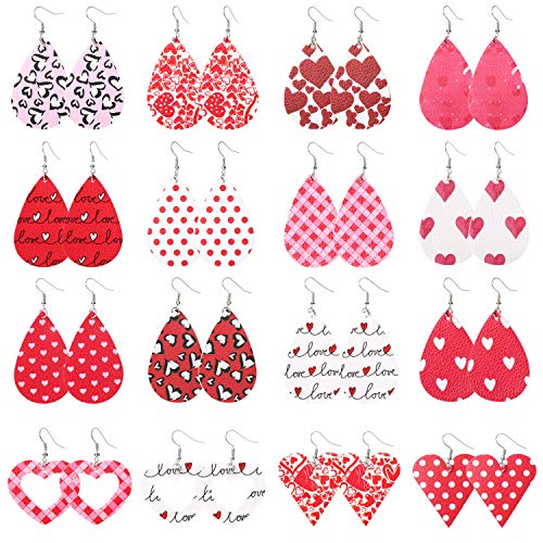 Product Cover MTSCE 16 Pairs Leather Earrings for Women Girls Party, Lightweight Teardrop Faux Leather Earrings, Heart-Shaped Print Drop Earrings Set Valentine Day Gift (B Style)