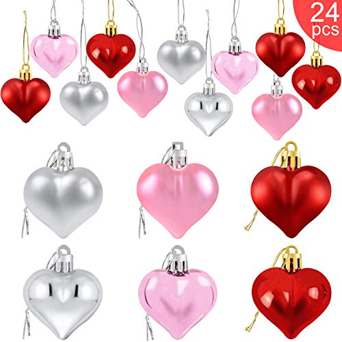 Product Cover Partyprops 24Pcs Valentine's Day Heart Shaped Ornaments | Valentines Heart Decorations | Red Pink Silver Heart Shaped Baubles | Romantic Valentine's Day Hanging Decorations