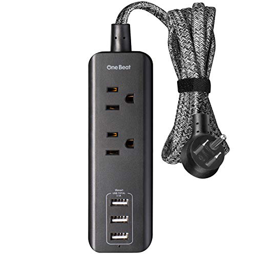 Product Cover Travel Power Strip with 3 Charging USB Ports(3.1A, 15W) and 2 Outlets, Desktop Charging Station with 5 Foot Braided Extension Cord, Flat Plug, Portable for Hotel, Cruise Ship, Home and Office