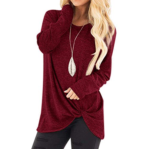 Product Cover Women's Tops Blouses Casual Solid Color Twist Knot Tunics T Shirts Long Sleeve Round Neck Sweatshirts (Wine, L)