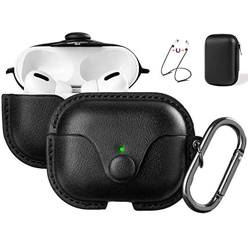 Product Cover Maxjoy Compatible Airpods Pro Case Cover, Airpods 3 Leather Case Protective Cover with Keychain Airpods Strap Compatible with Apple Airpods Pro Charging Case 3rd Gen 2019 (Front LED Visible), Black