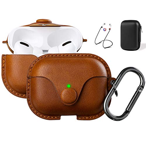 Product Cover Maxjoy Compatible Airpods Pro Case Cover, Airpods 3 Leather Case Protective Cover with Keychain Airpods Strap Compatible with Apple Airpods Pro Charging Case 3rd Gen 2019 (Front LED Visible), Brown