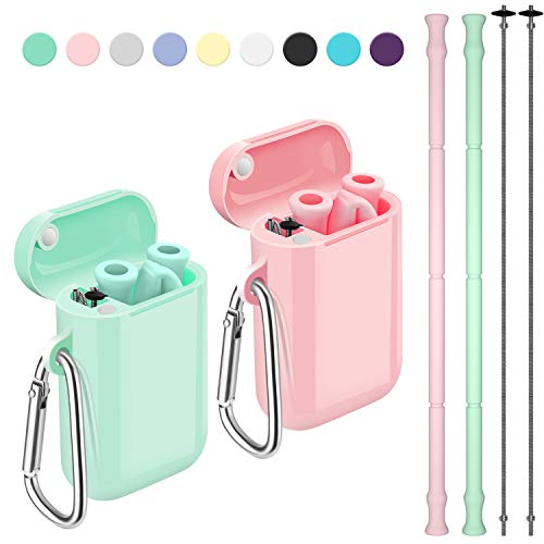 Product Cover Reusable Straws, Funbiz 2 Pack Portable Silicone Collapsible Straw with Case and Extra Long Cleaning Brush for Kids Adult, BPA Free Foldable Travel Drinking Straws for Smoothie Coffee, Green & Pink