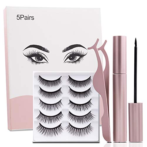 Product Cover Vafee Magnetic Eyelashes With Eyeliner, Magnetic Eyeliner And Lashes,No Glue Reusable 3D Silk Magnetic Lashes with Magnetic Eyeliners Kit Easy To Wear (5-Pairs)