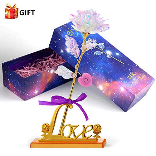 Product Cover Dayoumi Colorful Artificial LED Flower Galaxy Plastic Rose with Love Shape Base for Valentine's Day Mother's Day Thanksgiving Day Christmas Birthday Anniversary Wedding Gift Box (Colorful LED Galaxy)