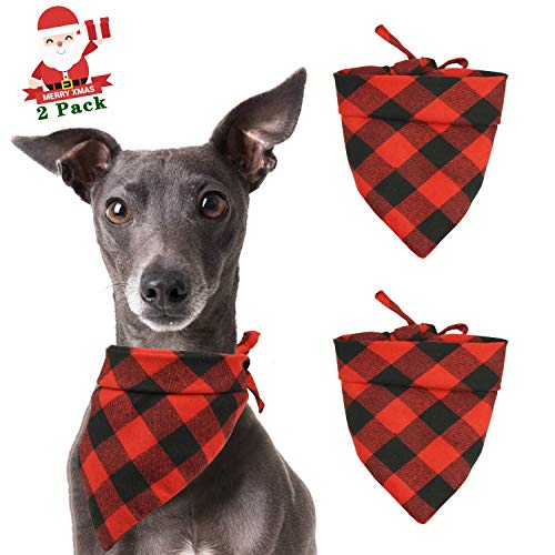 Product Cover Pohshido Dog Cat Christmas Checkered Plaid Bandanas Red Black Flannel Buffalo Holiday 2 Pack Triangle Bibs Accessories for Small Medium Large Dogs Cats Puppies Pets