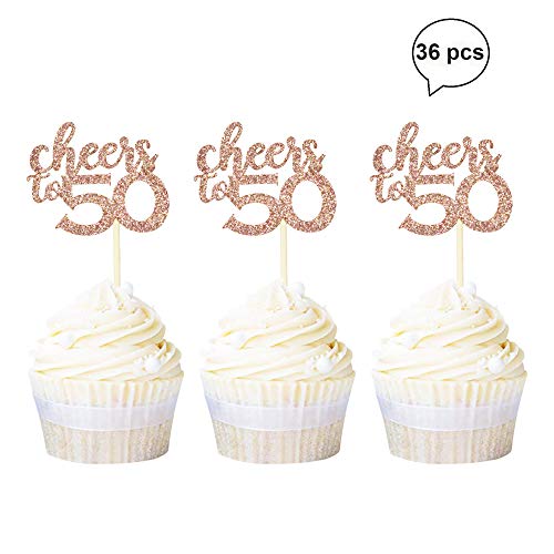 Product Cover Newqueen 36 Pack Rose Gold Cheers to 50 Cupcake Toppers Glitter Age Fifty Cupcake Picks 50th Birthday Anniversary Party Cake Decorations