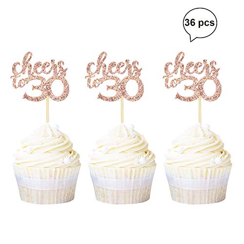 Product Cover Newqueen 36 Pack Rose Gold Glitter Cheers to 30 Cupcake Toppers Age Thirty 30th Birthday Cupcake Picks Anniversary Party Cake Decorations Supplies
