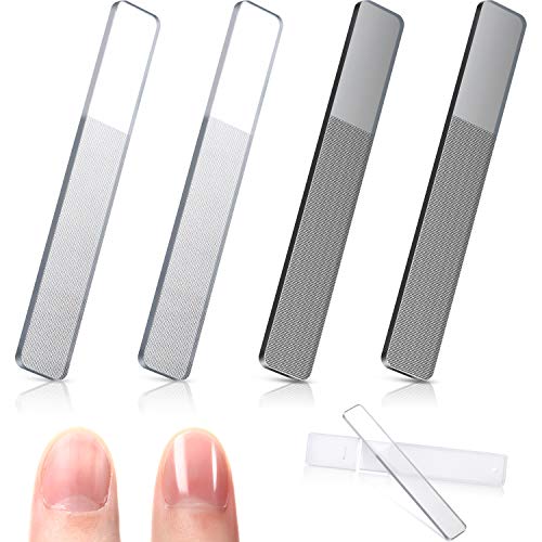 Product Cover 4 Pieces Glass Nail Shiner Crystal Nail Shine Buffer Polisher Crystal Glass Nano Nail File with Case for Natural Nails (White, Black)
