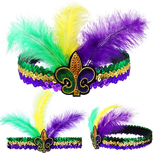 Product Cover Mardi Gras Fluer Di Lis Headband, Sequin Headband for New Orleans Masquerade Mask Party Faux Feather Fascinators Purple Yellow Green Faux Feather Headband Cocktail Headwear Adjustable