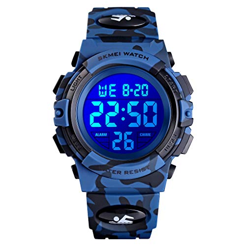 Product Cover Tephea Kids Sports Watch Boys Military Digital Watch Multi Function Colorful LED Display Waterproof Wristwatches for Children with PU Band, Deep Blue