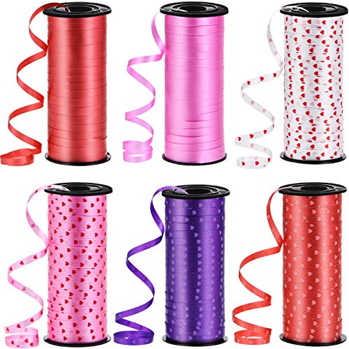 Product Cover 6 Rolls 600 Yards Valentine Curling Ribbon Gift Decorative Ribbon Heart Print and Solid Color Wrapping Ribbon for Valentine's Day Decoration