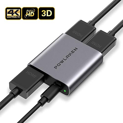 Product Cover HDMI Splitter 1 in 2 Out - POWLAKEN 4K Aluminum HDMI Splitter, Powered HDMI Splitter Supports 3D 4K@30HZ Full HD1080P for Xbox PS4 PS3 Fire Stick Roku Blu-Ray Player Apple TV HDTV