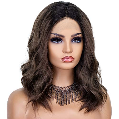 Product Cover K'ryssma 150% Short Bob Wavy Lace Front Wigs Heat Resistant Glueless Ombre Brown Synthetic Wig with Dark Roots for Women Daily Wear