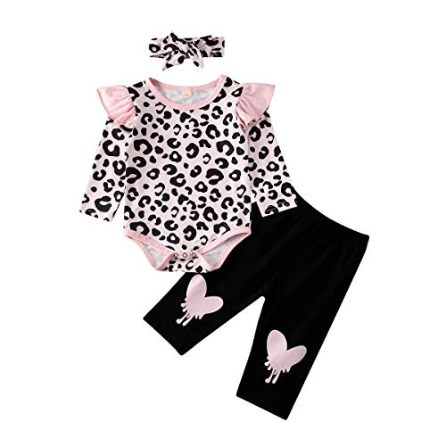 Product Cover Newborn Baby Girl Leopard Outfits 1st Valentine Romper Bodysuit Pants Sister Matching Clothes Set
