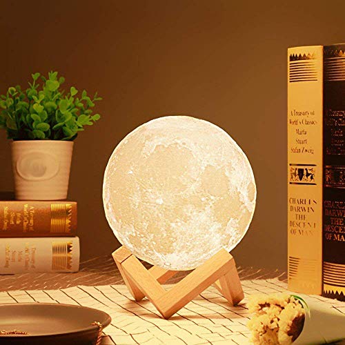 Product Cover SHOPPOWORLD 3D USB Rechargeable Moon Lamp Color Changing Sensor Touch Decoration Crystal Ball Night Lamp with Wooden Stand (13CM)