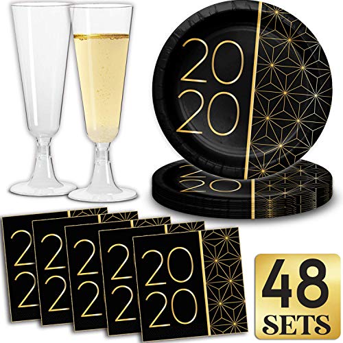 Product Cover 2020 Party Set - 48 Servings - Appetizer Plates (7 inch), Plastic Champagne Flutes (5 Ounce), Cocktail Napkins (5 inch, Great New Years Eve & Graduation Tableware and Decorations