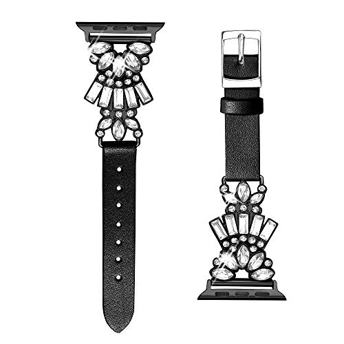 Product Cover Secbolt Band Compatible with Apple Watch Band 38mm 40mm iWatch Series 5/4/3/2/1, Top Grain Leather with Bling Crystal Diamonds Wristband Strap Accessories Women, Black Small