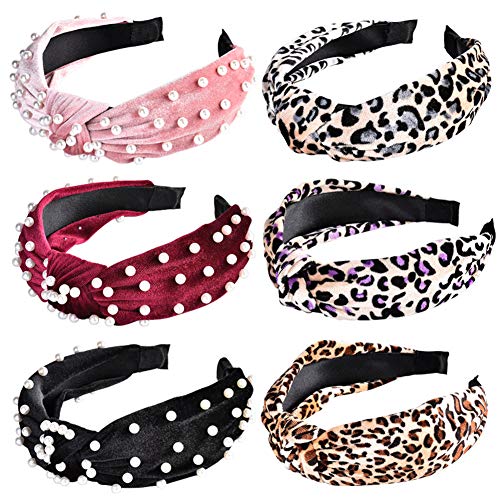 Product Cover Velvet Headbands for Women, Vintage Wide Knotted Headbands with Faux Pearl & Leopard, Turban Headbands with Elastic Hair Hoop Hair Accessories for Women Girls