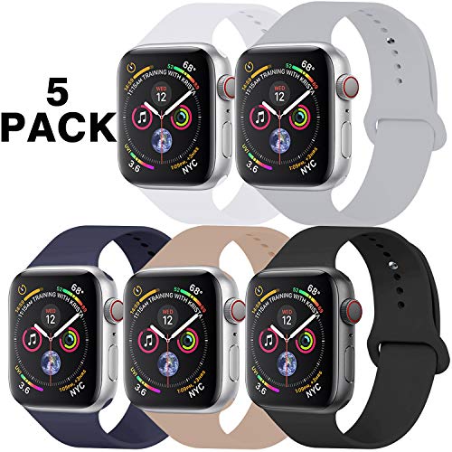 Product Cover GZ GZHISY Pack 5 Sport Bands Compatible for Apple Watch Band 38mm 40mm, Soft Silicone Band Sport Strap Compatible for iWatch Series 5/4/3/2/1 (White/Gray/Black/Midnight Blue/Walnut, S/M)