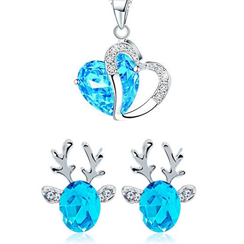 Product Cover Christmas Earrings Holiday Jewelry for Womens Girls, Crystal Studs Xmas Reindeer Luxury Earing and Overlay Crystal Heart Shape Lover Heart Pendant Necklace Clavicle Chain Sweater Chain (Blue)