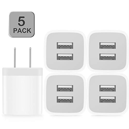 Product Cover Power-7 USB Wall Charger, 5-Pack 2.1A/5V Dual Port USB Cube Power Adapter Charger Plug Charging Block Compatible with iPhone 11/Xs Max/XR/X/8/8 Plus/7/6S/6 Plus, Samsung, LG, Moto, Android Cell Phones