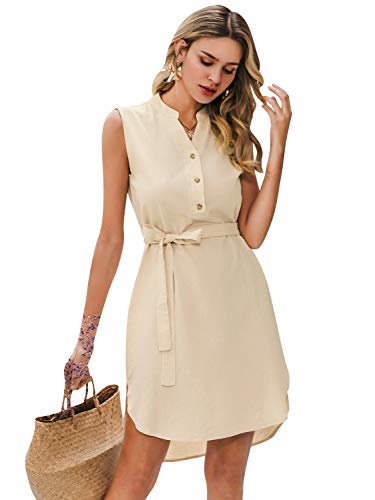 Product Cover Zandiceno Women's Casual Cotton Sleeveless Button Down High Low Midi Belted Dress with Pockets Apricot 8