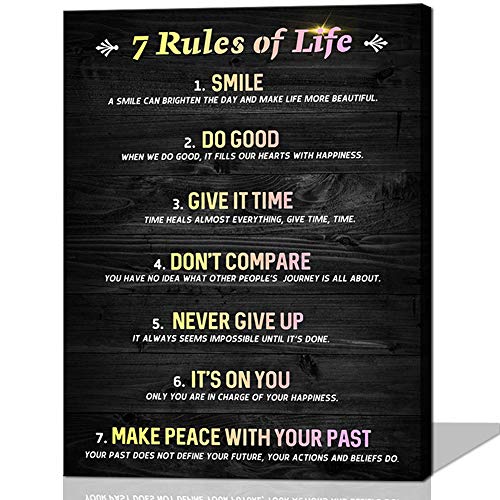 Product Cover Inspirational Wall Art Motivational Office Canvas Wall Art Poster Quotes Home Decor Black and White Art for Living Room Rustic Framed Art Gift Room Decor for Woman 7 Rules Of Life Pink Yellow