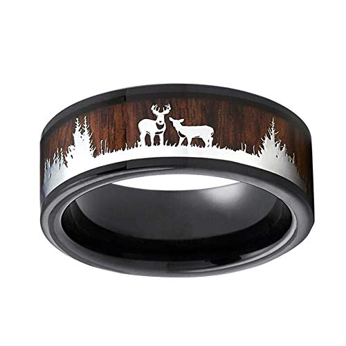 Product Cover GzxtLTX Christmas Ring,Deer Rings,Wood Inlay Deer Stag Ring,8mm Mens Wedding Band, Tungsten Silicone Set Ring,Lovers Ring (Brown, 11)