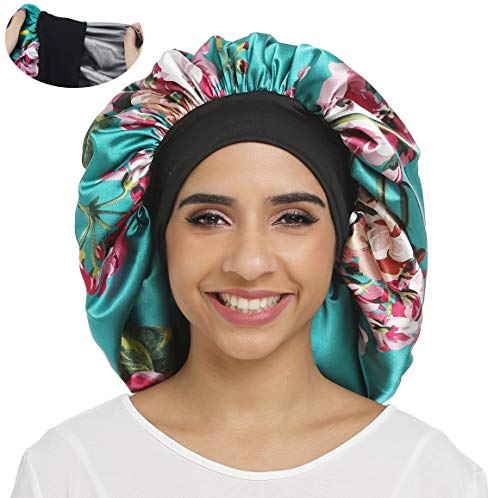 Product Cover Large Satin Bonnet Double Layer Sleep cap Printing Sliky bonnet Wide Elastic Band for Women Haircare,Curly Natural Long Hair (Double layer-Green flower)