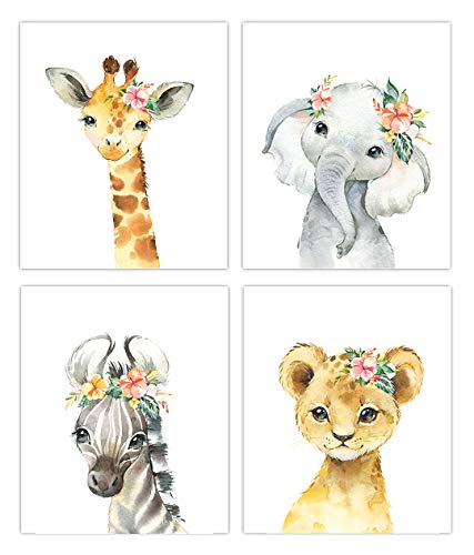 Product Cover Little Baby Watercolor Animals Floral Crown Safari Prints Set of 4 (Unframed) Nursery Decor Art (8x10) (Option 2)