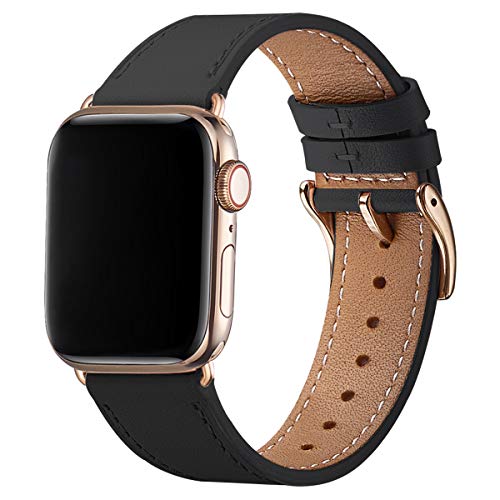 Product Cover BesBand Watch Band Compatible with Apple Watch 42mm 44mm,Genuine Leather Replacement Strap for iWatch Series 5/4/3/2/1 (Black/Gold, 42mm 44mm)