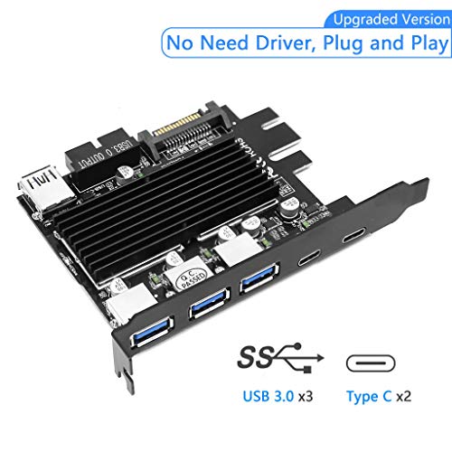 Product Cover No Driver Need 5Gps USB 3.0 PCIE Expasion Card USB C PCIE Expansion Card with 15-Pin SATA Power Connector and 19-Pin USB 3.0 Cable for PC Plug and Play( Data From 3.0 Header ,Power From Sata Power )