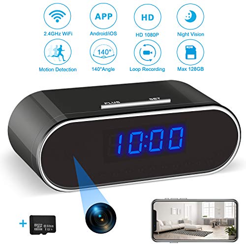 Product Cover Hidden Spy Camera Clock with 32GB SD Card, 1080P WiFi Spy Camera Wireless Hidden Security Camera Nanny Cam with Night Vision and Motion Detection for Home Office