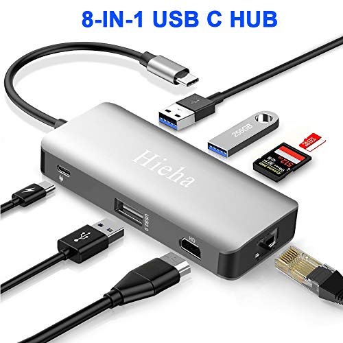 Product Cover Hieha USB C Hub,MacBook Pro Adapter USB C Dongle,8 in 1 Type C Hub Adapter with Ethernet Port,4K USB C to HDMI,100W PD,2 USB 3.0 Ports,SD/TF Card Reader Adapter Compatible for Other USB C Laptops