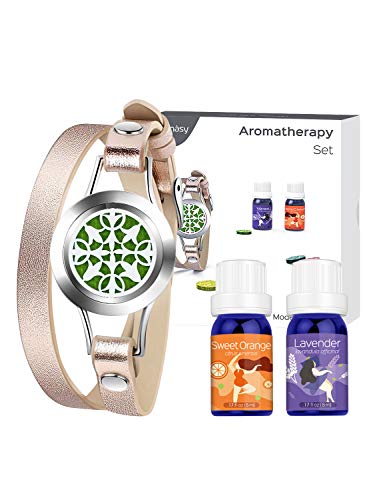 Product Cover Homasy Essential Oil Diffuser Bracelet, Aromatherapy Bracelet Set with 2 bottles Essential Oils, Pure Sweet Orange and Lavender Oils, Stainless Steel, Leather Band, with 15 color Cotton Pads, Green