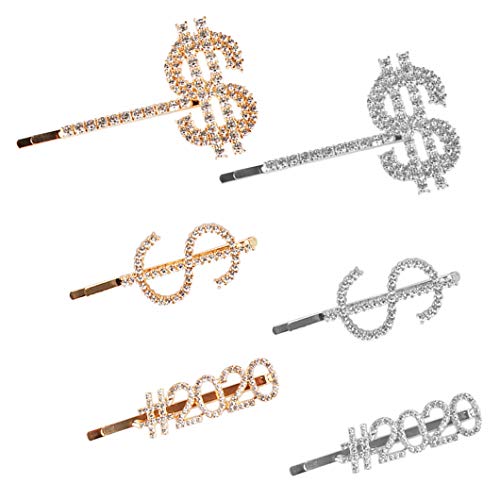 Product Cover Messen Money Dollar Sign Hair Clip Bling Letters Bobby Pins Luxury Crystal Rhinestones Word Hair Barrettes for Women Girls Sparkle Headwear Accessories (6 Pieces,$/#2020,Gold and Silver)