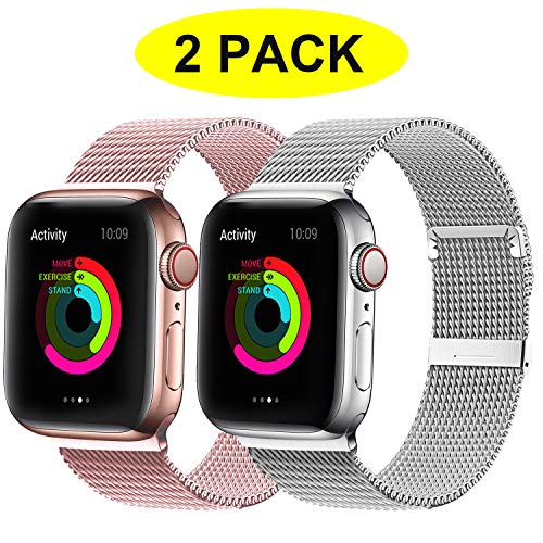 Product Cover YC YANCH 2 Pack Compatible for Apple Watch Band 38mm 40mm, Adjustable Stainless Steel Mesh Metal Loop Replacement Band Compatible for iWatch Series 5/4/3/2/1 (Silver, Rose Gold)
