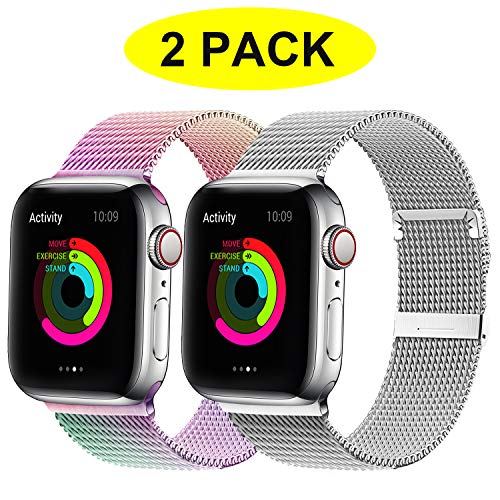 Product Cover YC YANCH 2 Pack Compatible for Apple Watch Band 38mm 40mm, Adjustable Stainless Steel Mesh Metal Loop Replacement Band Compatible for iWatch Series 5/4/3/2/1 (Silver, Colorful)