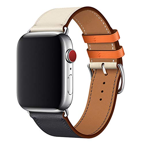 Product Cover BesBand Watch Band Compatible with Apple Watch 42mm 44mm,Genuine Leather Replacement Strap for iWatch Series 5/4/3/2/1 (Dark Blue/Ivory White/Silver, 42mm 44mm)