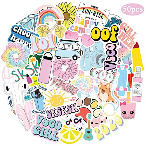 Product Cover 50 Pcs VSCO Stickers for Hydro Flask, Water Bottles Laptop Vinyl Trendy Stickers for VSCO Girls, Kids, Teens, Women (Pink)
