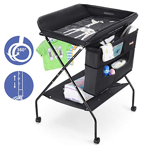 Product Cover Baby Changing Table with Wheels, FORSTART Adjustable Height Folding Diaper Station Portable Mobile Nursery Organizer for Infant