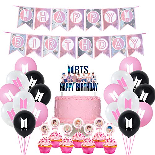 Product Cover BTS Birthday Party Supplies Includes Banner - Cake Topper - 21 Cupcake Toppers - 20 Balloons for Girl