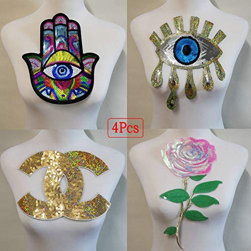 Product Cover Sequin Embroidered Hand Eye Rose Patch Big Mouth Tears Coat T-Shirt Jeans Patch (Yellow Green Series)