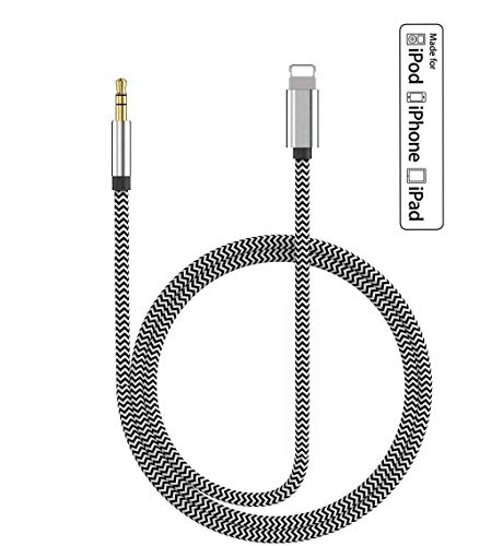 Product Cover Aux Cord for Car,(Apple MFi Certified) Lightning to 3.5mm Male Nylon Braided Aux Audio Cord Car Stereo Cable Compatible with iPhone 11/XR/XS/XS Max/X/8/8Plus/7/7 Plus Support iOS 12-Black & White